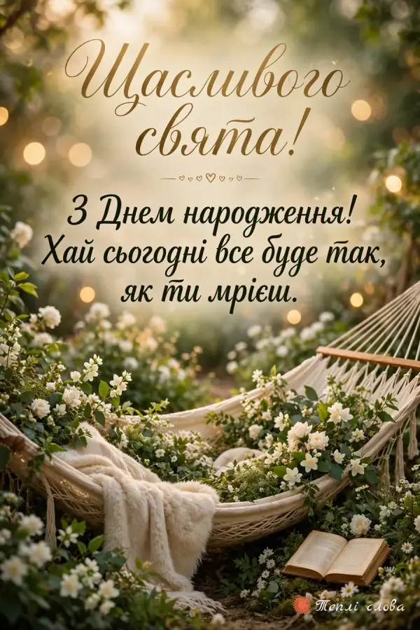 Гамак у квітучому саду з пледом і книгою — «Щасливого свята!»