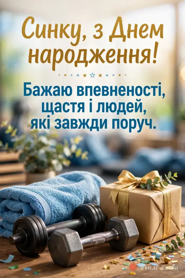 Гантелі, рушник і подарунок у спортзалі, побажання впевненості та щастя