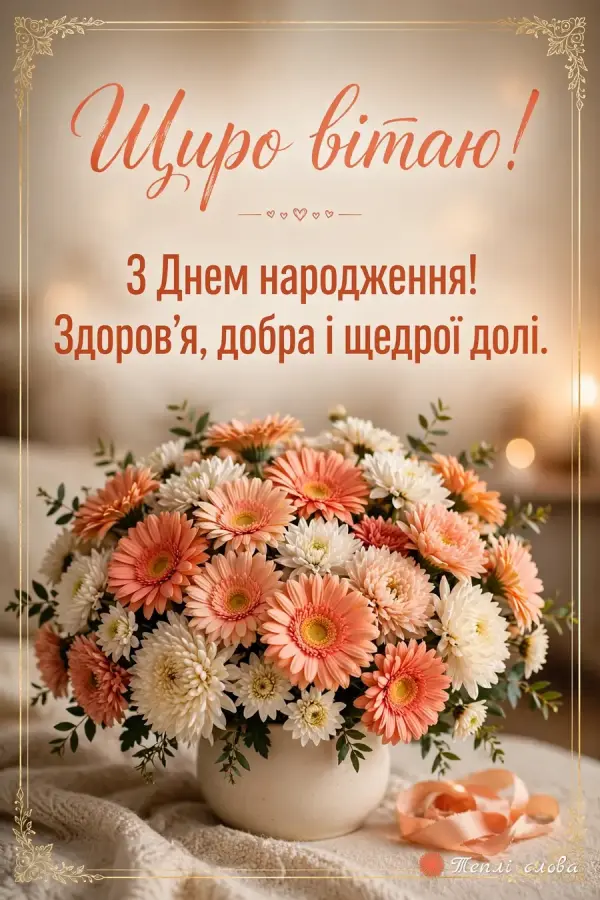 Персикові гербери й білі хризантеми у вазі — «Щиро вітаю!» з побажанням щедрої долі