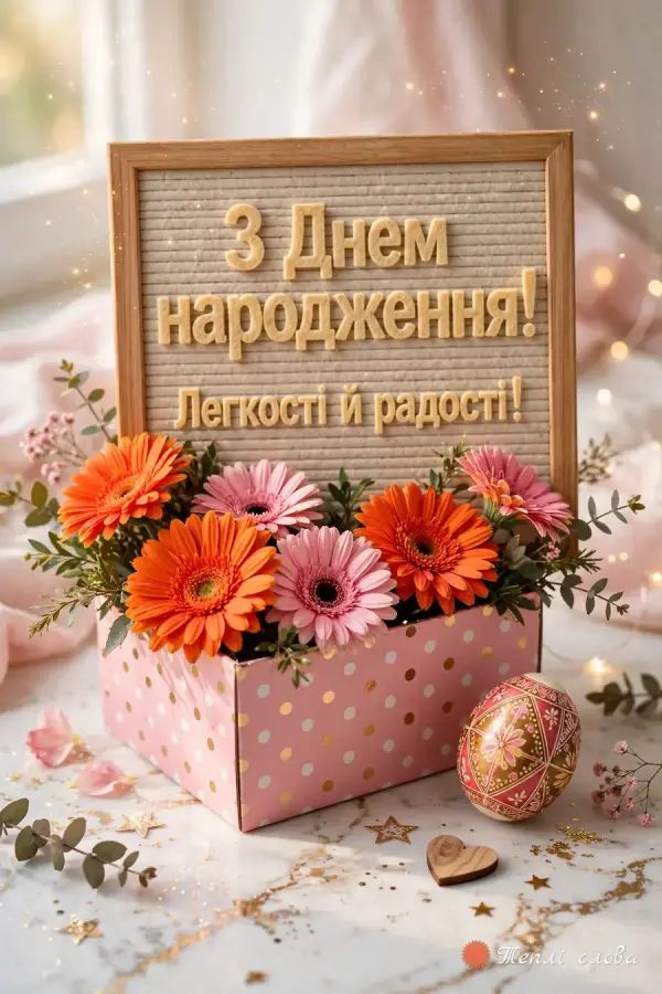 Яскраві гербери в коробці в горошок і дошка з літерами «Легкості й радості!»
