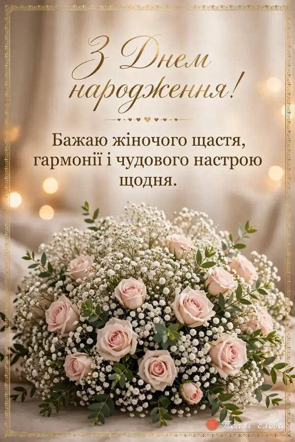 Ніжна гіпсофіла з трояндами в золотій рамці, побажання жіночого щастя і гармонії