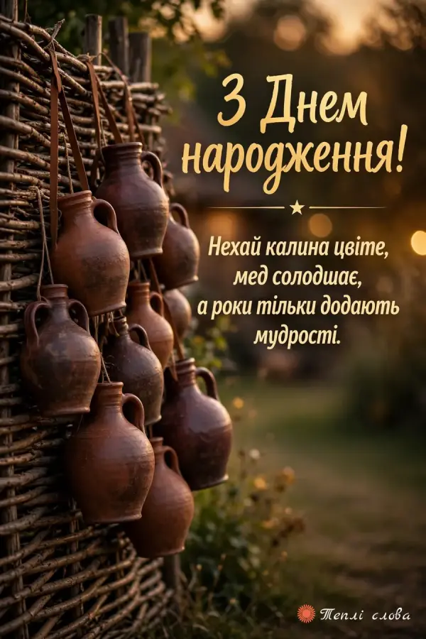 Глиняні глечики на тину в сільському дворі й побажання, щоб роки додавали мудрості