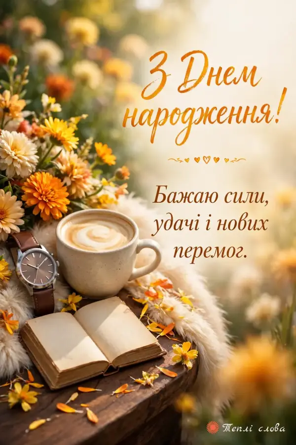 Годинник і кава серед осінніх квітів, побажання сили й нових перемог