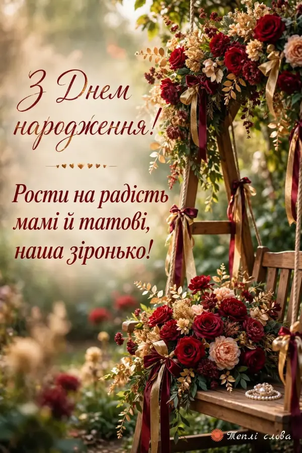 Садова гойдалка з трояндами й стрічками і побажання рости на радість мамі й татові