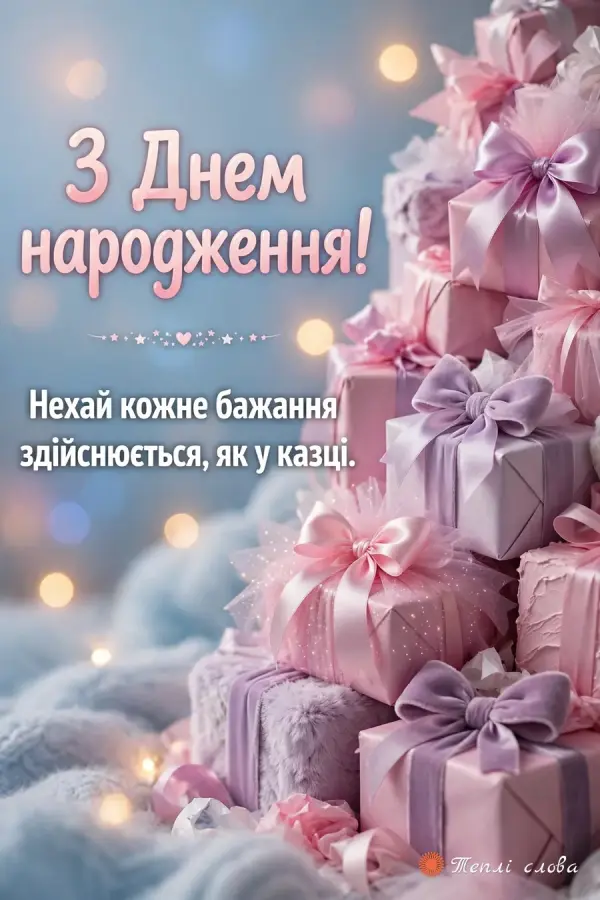 Гора рожевих і бузкових подарунків з великими бантами, побажання як у казці