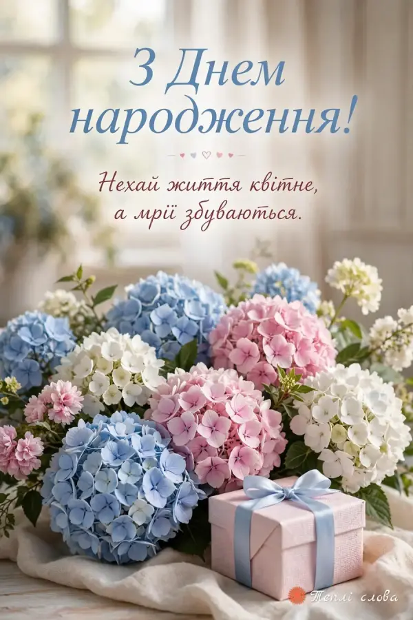 Блакитні, рожеві й білі гортензії з подарунком, побажання квітучого життя