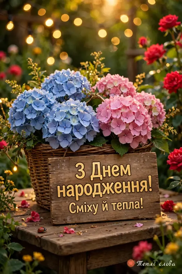 Сині й рожеві гортензії в кошику з табличкою «Сміху й тепла!»