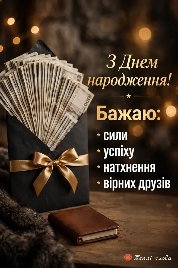 Гроші віялом у чорному конверті із золотим бантом і список: сили, успіху, натхнення
