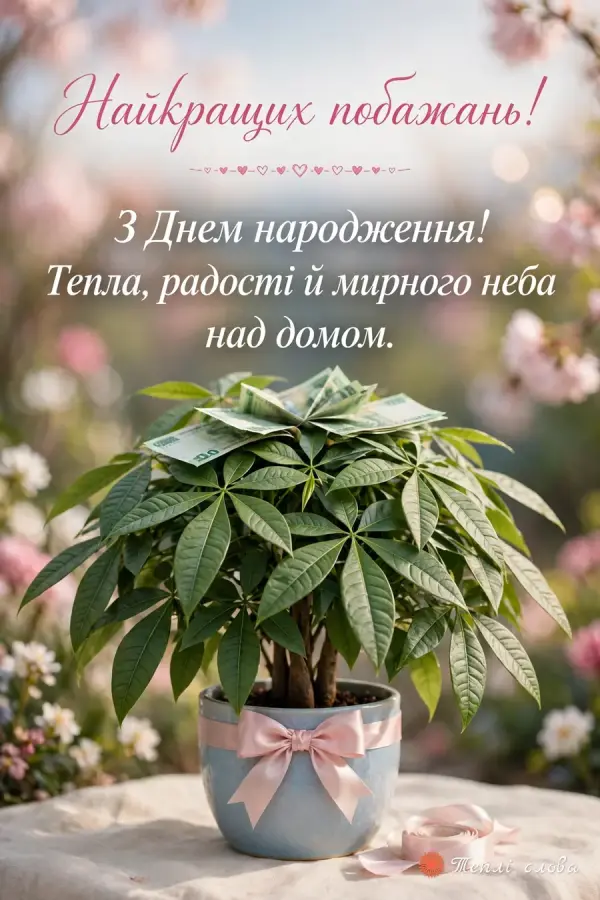 Грошове дерево з купюрами у вазоні з рожевим бантом — «Найкращих побажань!»