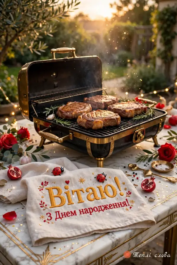 Гриль зі стейками й вишитий рушник «Вітаю!» з сонечками та гранатами