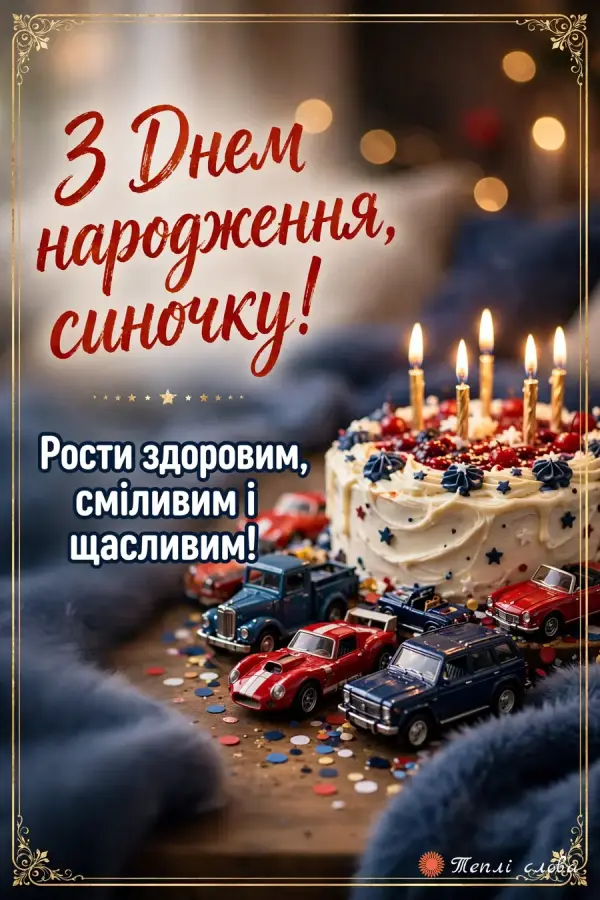 Листівка з днем народження сина: іграшкові машинки навколо торта зі свічками