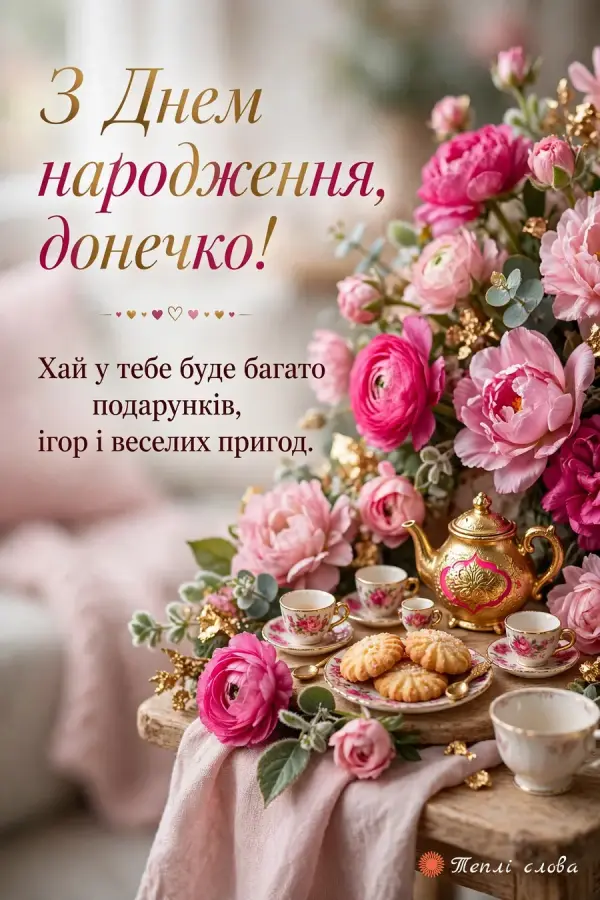 Іграшковий чайний сервіз з печивом серед півоній і побажання веселих пригод