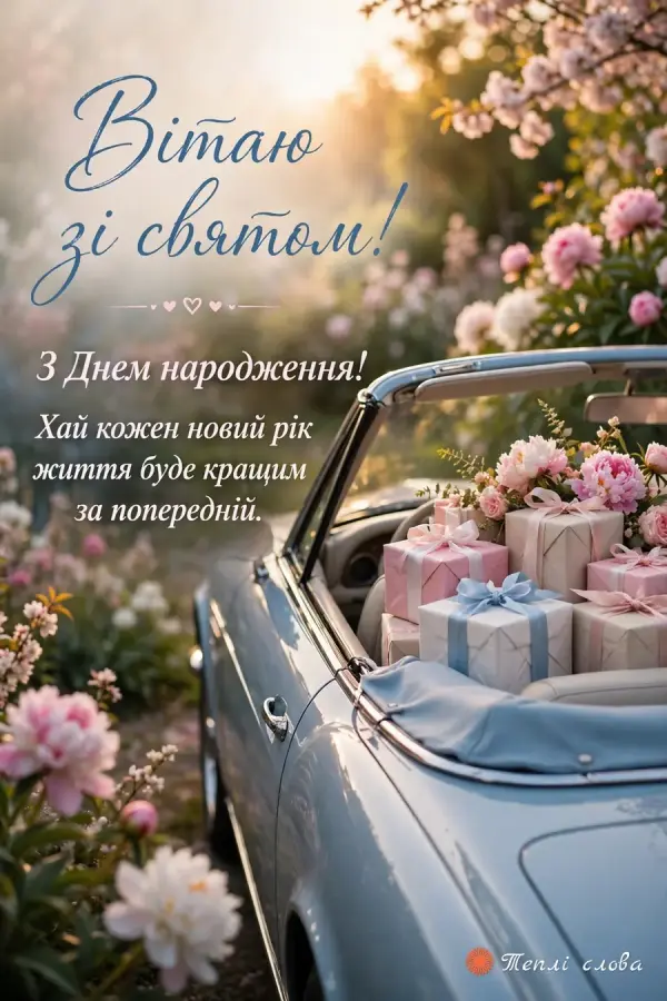 Блакитний кабріолет, повний подарунків і півоній, із написом «Вітаю зі святом!»