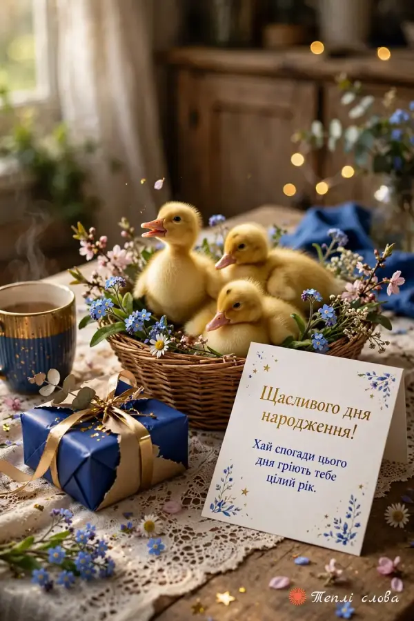 Каченята в кошику з квітами та листівка з побажанням теплих спогадів