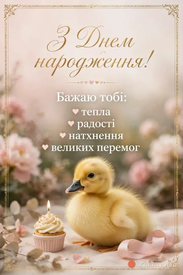 Жовте каченятко з капкейком у золотій рамці, список побажань тепла і перемог
