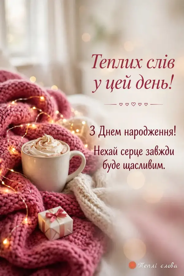 Какао з вершками в рожевому пледі з гірляндою — «Теплих слів у цей день!»