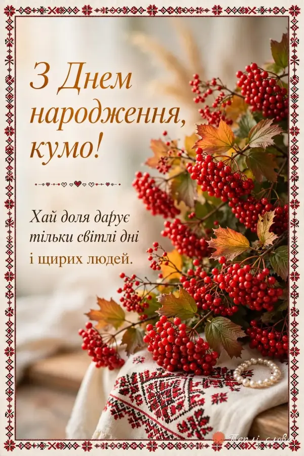 Гілки калини на вишитому рушнику у вишитій рамці, побажання світлих днів і щирих людей