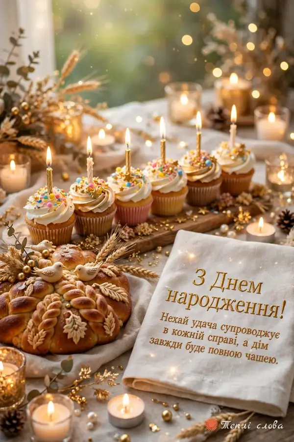 Святковий стіл з капкейками, короваєм і вишитим рушником з побажанням удачі