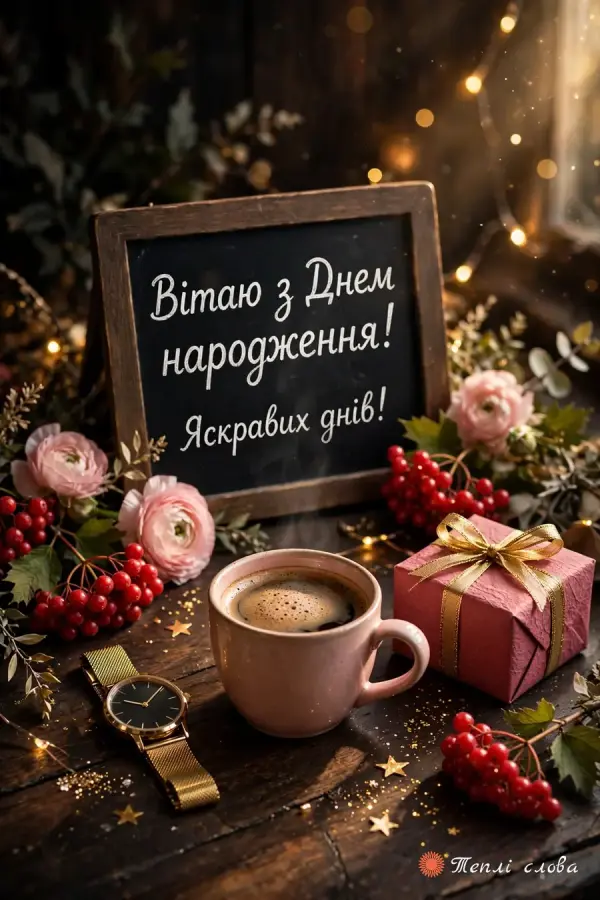 Чашка кави, годинник, калина й крейдяна дошка «Яскравих днів!»