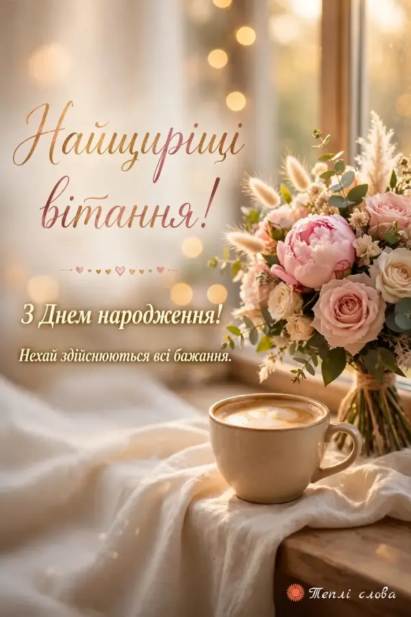 Кава й букет півоній на сонячному підвіконні — «Найщиріші вітання!»