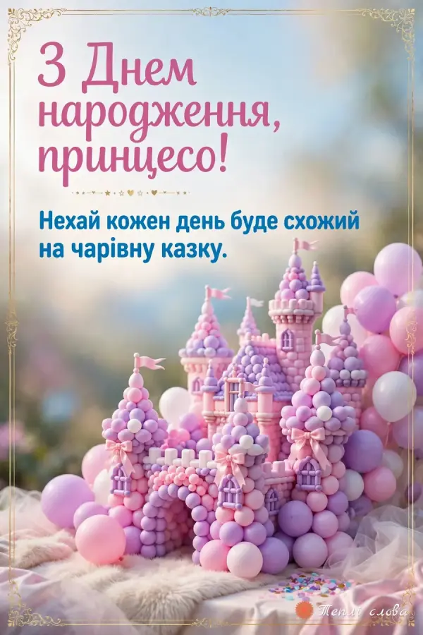 Листівка з днем народження дівчинці: казковий замок з рожевих і бузкових кульок для принцеси