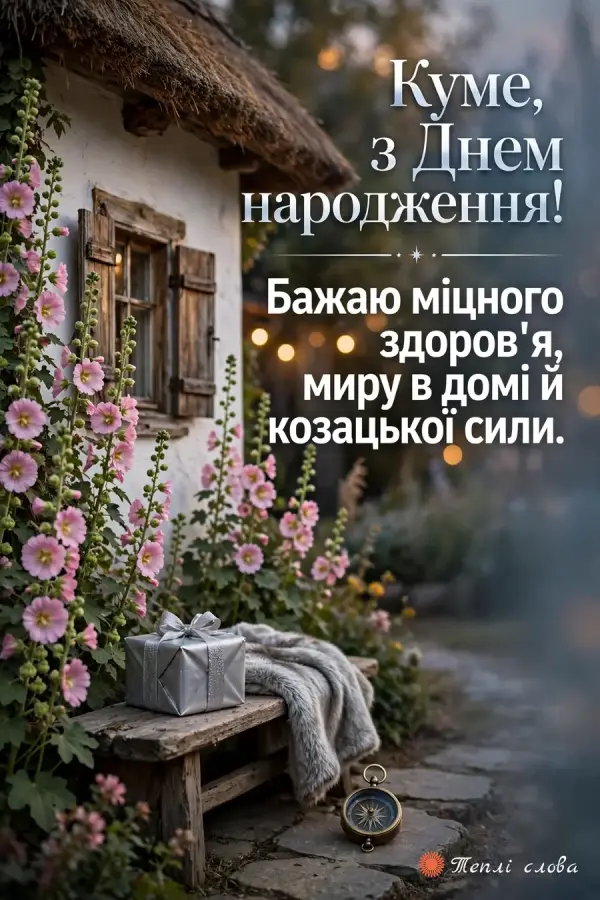 Біла хата з мальвами, подарунок на лавці й побажання миру в домі та козацької сили