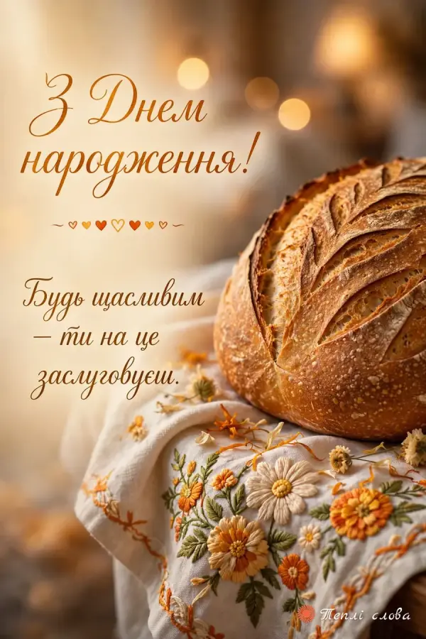 Хлібина на вишитому рушнику і слова «Будь щасливим — ти на це заслуговуєш»
