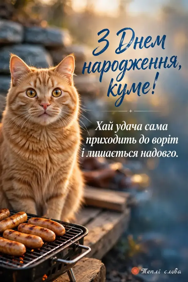 Рудий кіт біля гриля з ковбасками й побажання, щоб удача сама приходила до воріт