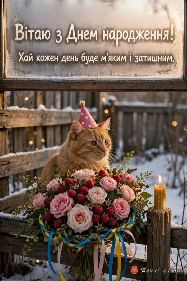 Котик у святковому ковпачку біля букета троянд і напис на запітнілому вікні