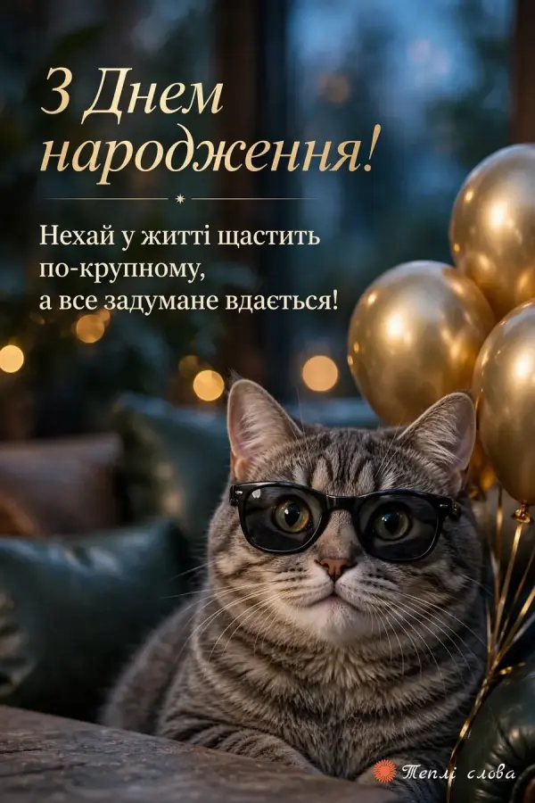 Смугастий кіт в окулярах біля золотих кульок — побажання щастя по-крупному