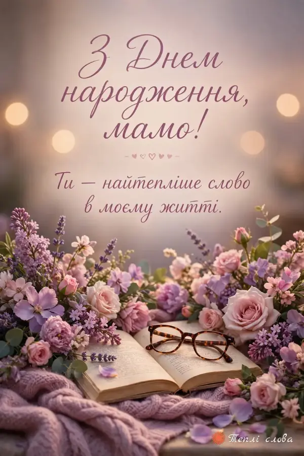 Розгорнута книга з окулярами серед бузкових квітів — «Ти — найтепліше слово в моєму житті»