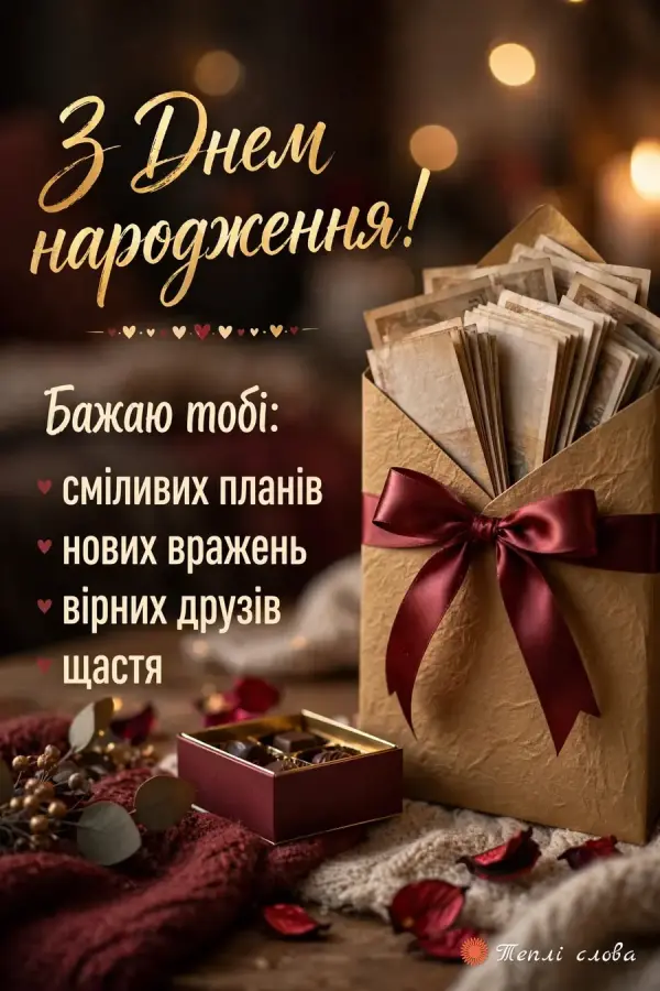 Конверт із грошима, перев'язаний бордовим бантом, і список побажань: сміливих планів, друзів