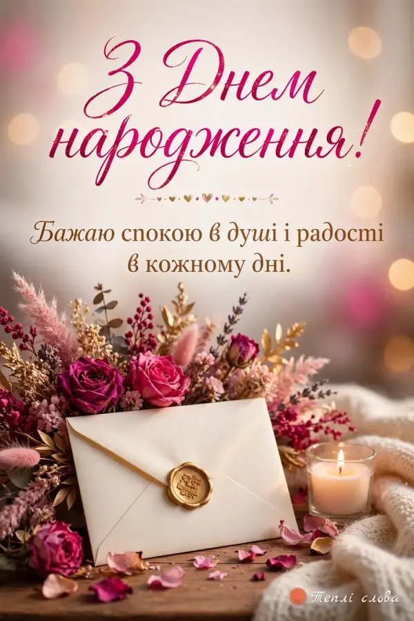 Конверт із сургучем серед сухоцвітів і троянд, побажання спокою в душі