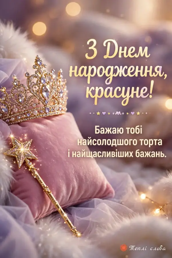 Діадема й чарівна паличка на рожевій оксамитовій подушці — «З Днем народження, красуне!»