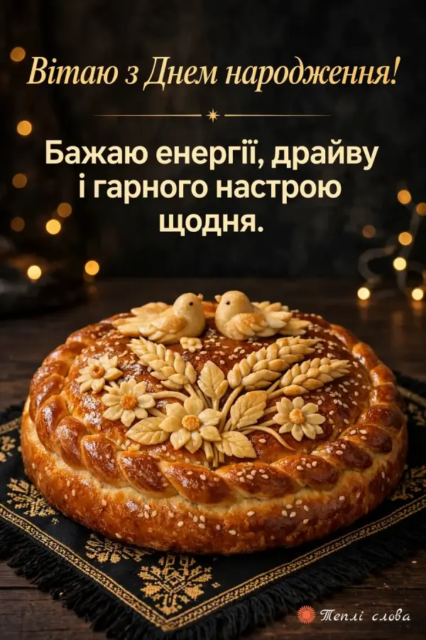 Святковий коровай на чорному вишитому рушнику і побажання енергії та драйву