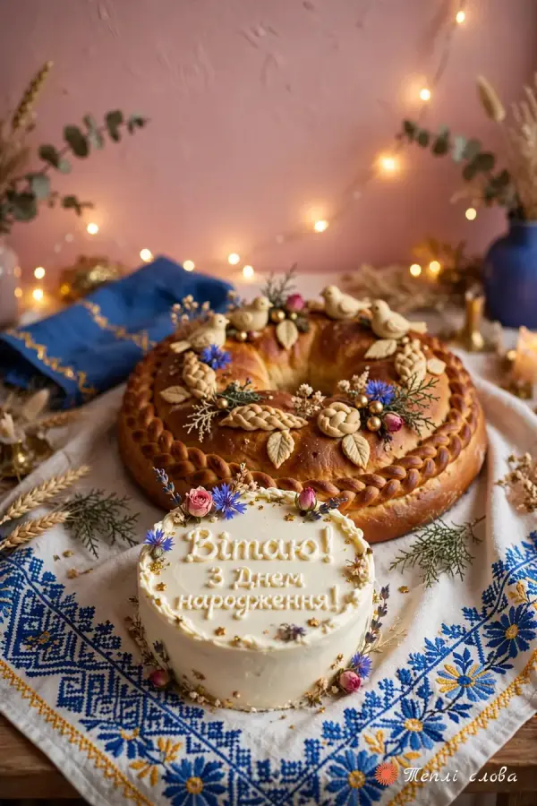 Коровай і торт з кремовим написом «Вітаю!» на вишитому рушнику