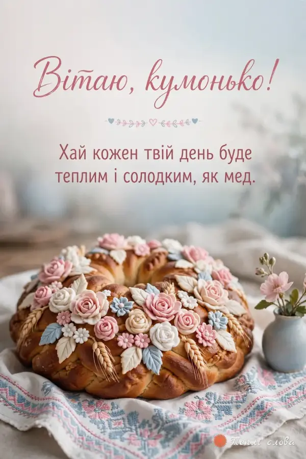Святковий коровай із квітами з тіста на вишитому рушнику, побажання солодких як мед днів
