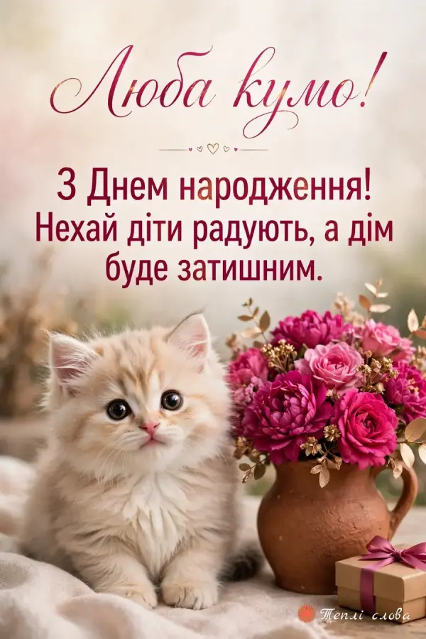 Пухнасте кошеня біля глиняного глечика з півоніями — «Люба кумо!»