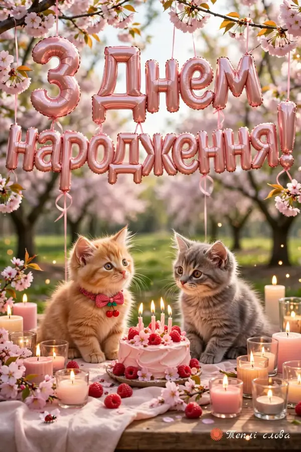 Двоє кошенят біля торта зі свічками під рожевими кульками-літерами