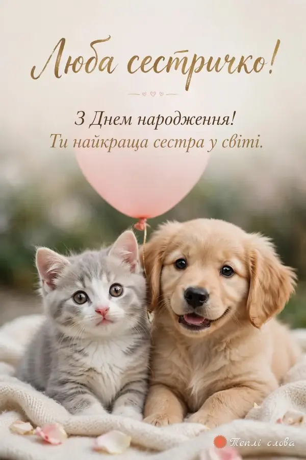 Кошеня й цуценя-друзі з рожевою кулькою — «Ти найкраща сестра у світі»