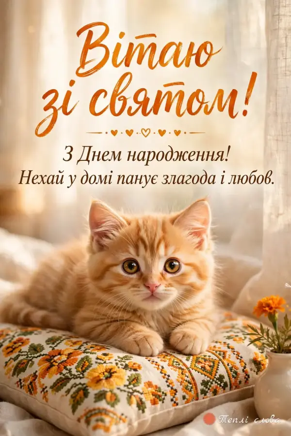 Руде кошеня на вишитій подушці, «Вітаю зі святом!» з побажанням злагоди і любові