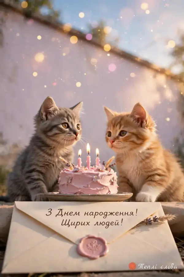 Двоє кошенят біля тортика зі свічками й конверт «Щирих людей!»