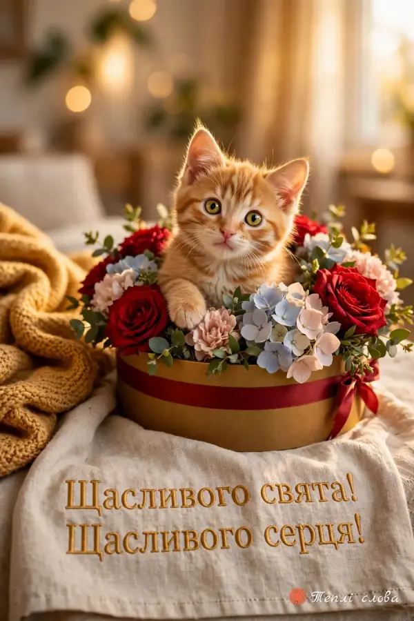 Руде кошеня в коробці з квітами та рушник «Щасливого серця!»