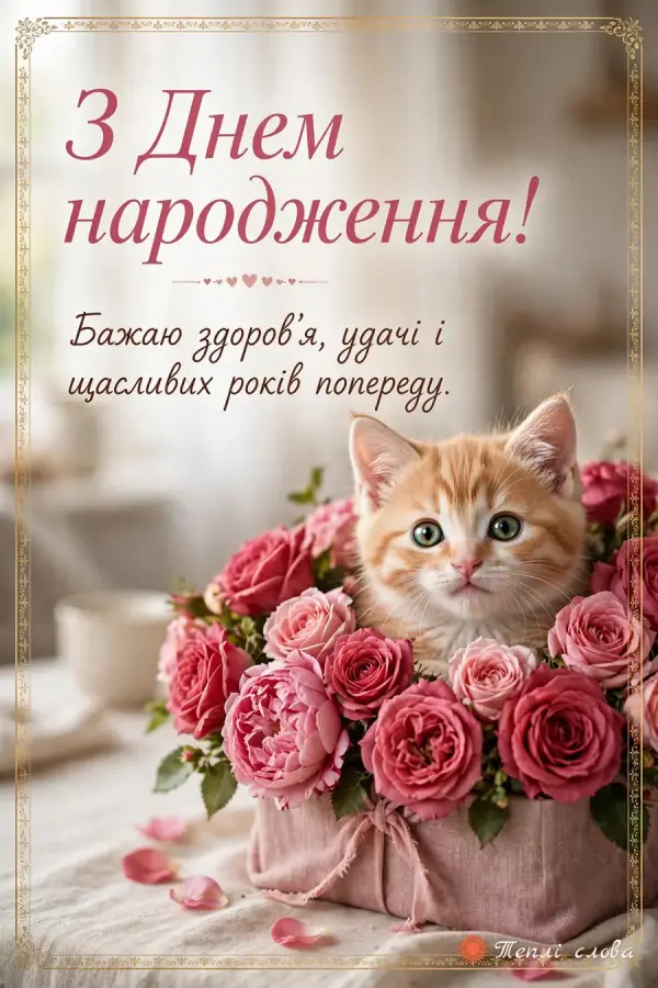 Руде кошеня в коробці з трояндами і побажання здоров'я та щасливих років