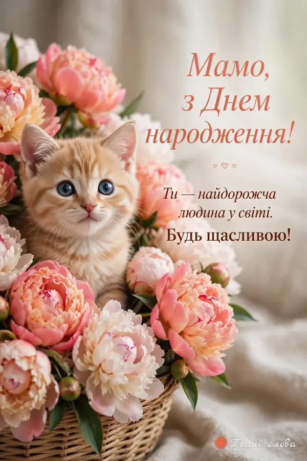 Руде кошеня в кошику з півоніями — «Ти — найдорожча людина у світі»