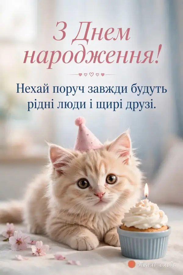 Кремове кошеня у святковому ковпачку біля капкейка зі свічкою і побажання рідних поруч