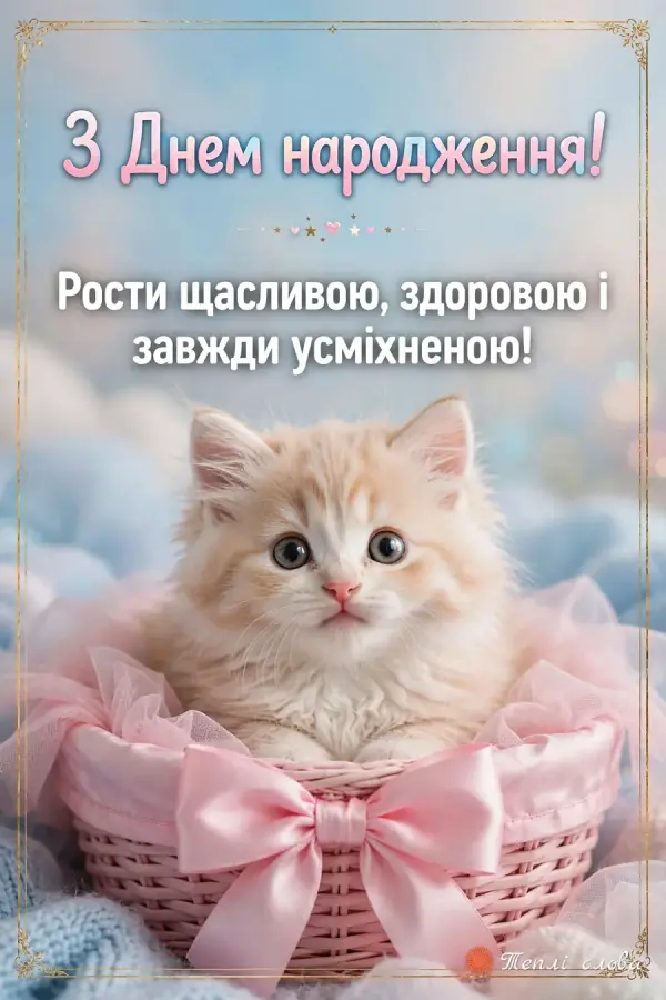 Пухнасте кошеня в рожевому кошику з бантом і побажання рости щасливою