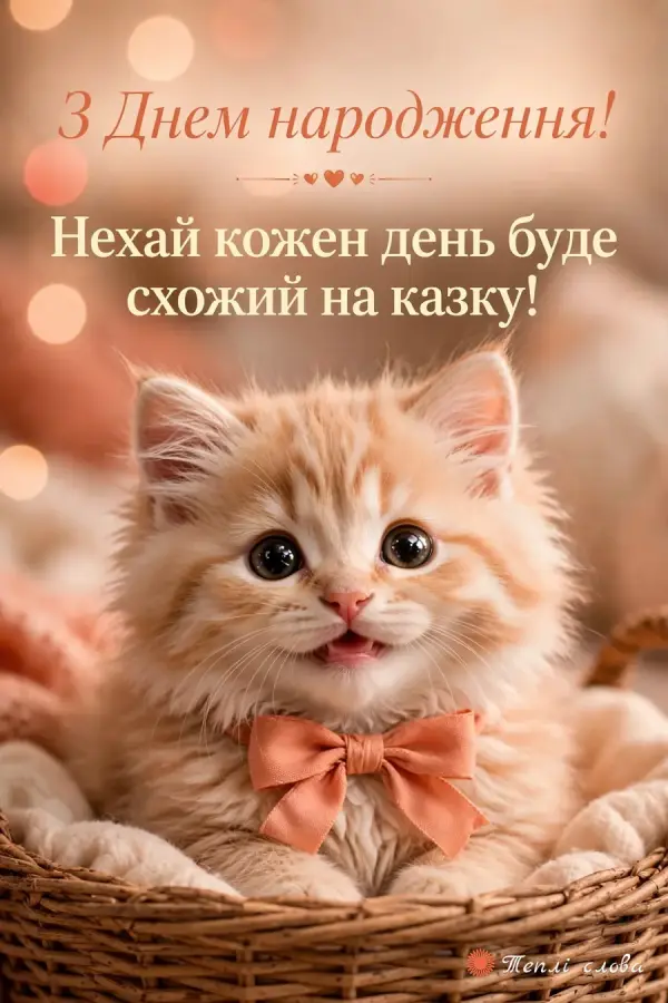 Усміхнене кошеня з бантом у кошику і побажання, щоб кожен день був як казка