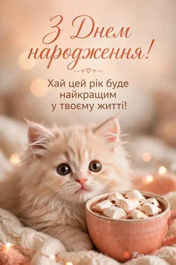 Кремове кошеня біля чашки какао з маршмелоу, побажання найкращого року