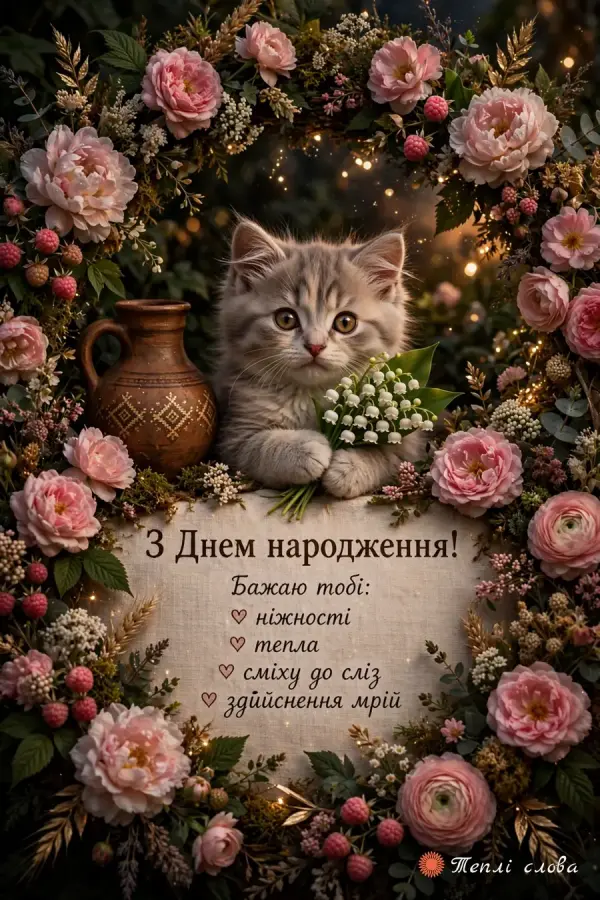 Кошеня з конваліями у вінку з півоній і список побажань із сердечками